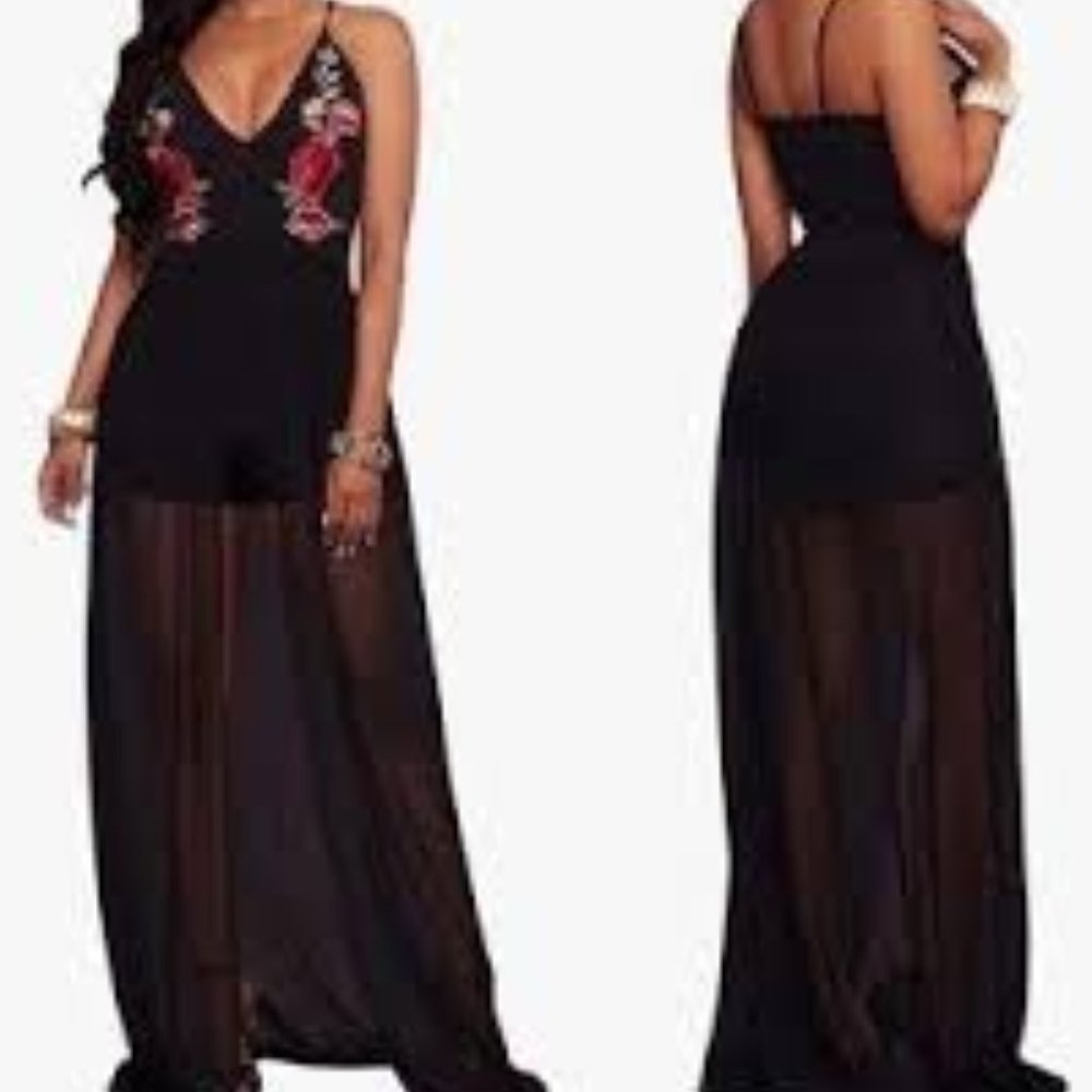 Black Short Embellished Romper Sheer Maxi Skirt